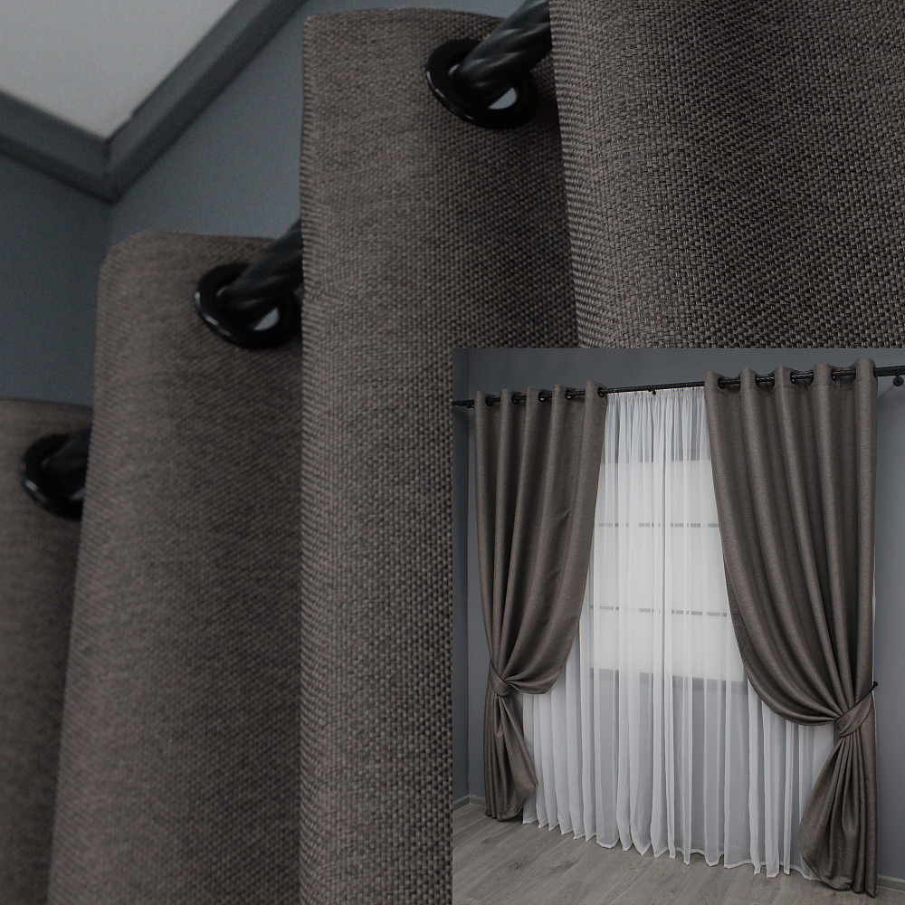 Комплект штор на люверсах VR-Textil Льон-блекаут Льон Мішковина 1160ш Сіро-коричневий 150х250см 2 шт (37-0141) Київ - фото 1