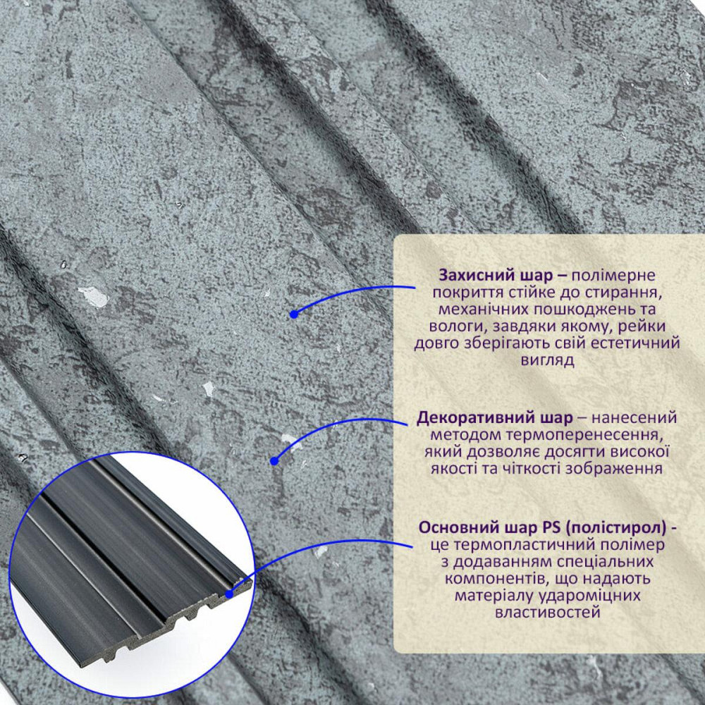 Рейка декоративная PS 2900х120х12мм Бетон SW-00002132 Днепр - изображение 2