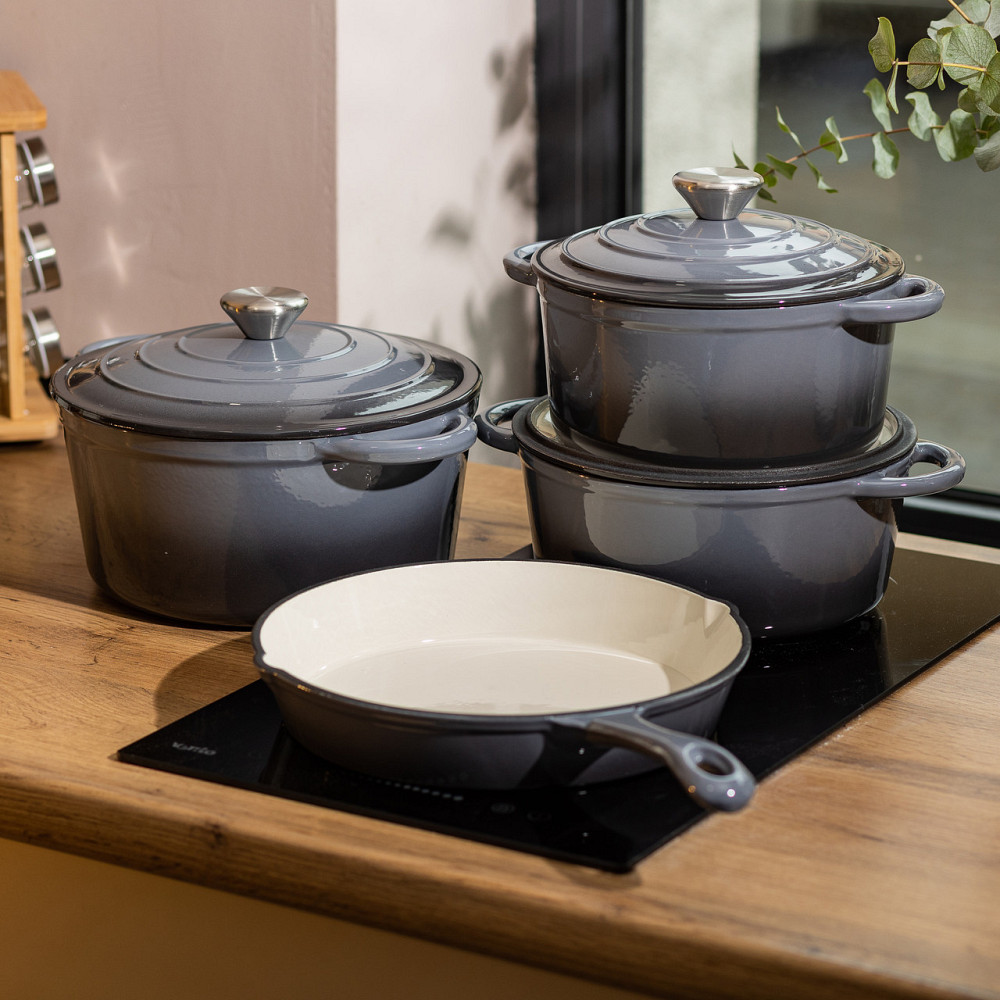 Набір чавунного посуду для приготування 3 каструлі та сковорода з емальованим покриттям Сірий HP-1-5 Київ - фото 8