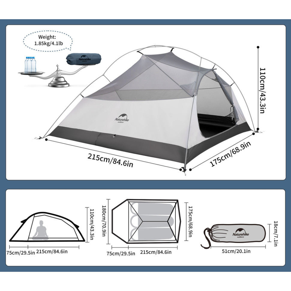 Намет легкий тримісний з футпринтом Naturehike Cloud Up 3 UL NH18T030-TT 20D (Темно-синій) Вінниця - фото 2