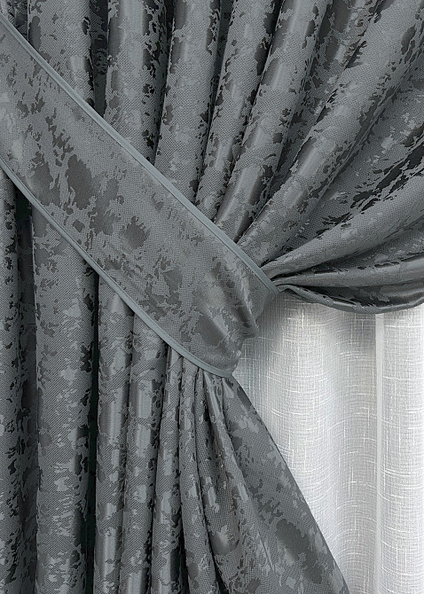 Комплект штор VR-Textil Льон Мармур 200х270 2шт і Тюль 500х270 1262ш-115т Графітовий з білим 71-124/6 Київ - фото 4