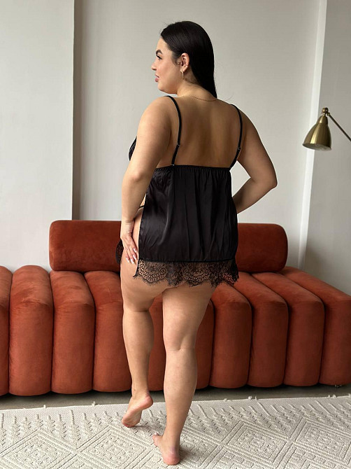 Сексуальний пеньюар великих розмірів PLUS SIZE короткий з мереживом на бретелях з трусиками ажурний з розрізами чорний 3XL Одеса - фото 3