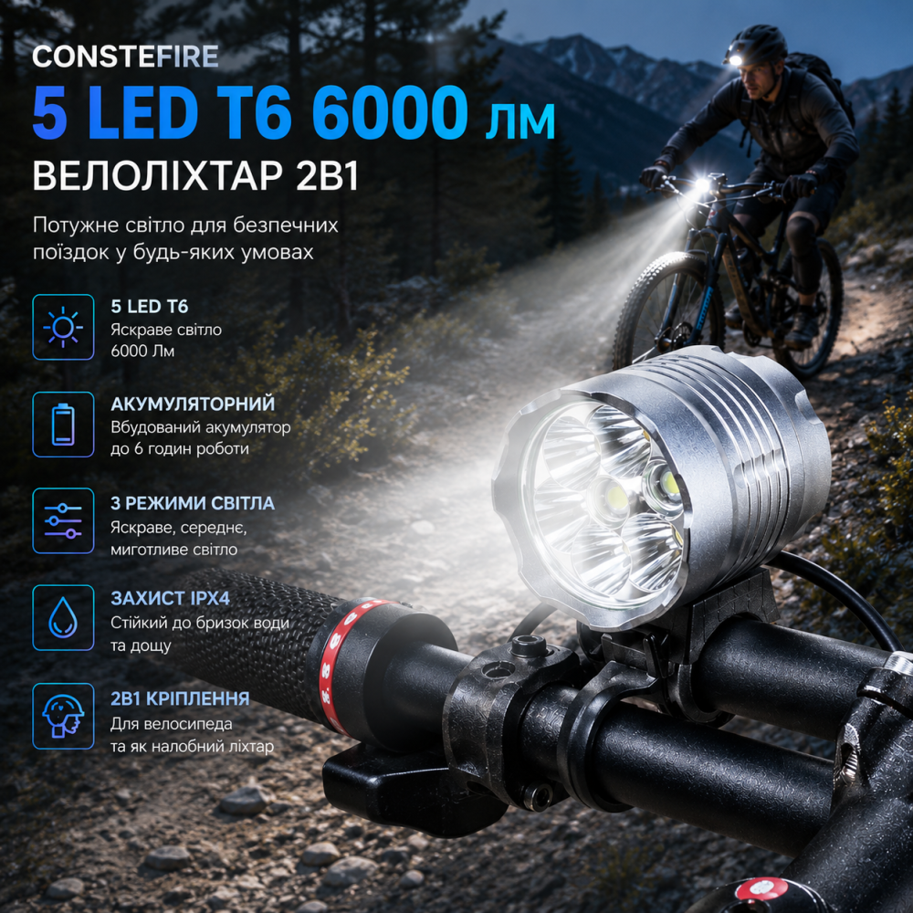 Велоліхтар Constefire 5 LED T6 6000 Лм, акумуляторний, 3 режими, IPX4, велосипедний ліхтар 2в1 з налобним кріпленням Київ - фото 10