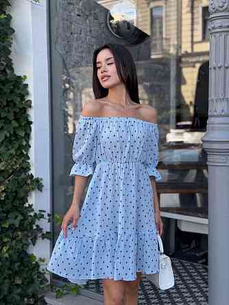 Жіноче романтичне легке принтоване плаття з відкритими плечима муслін Блакитний, 46/48 Одеса