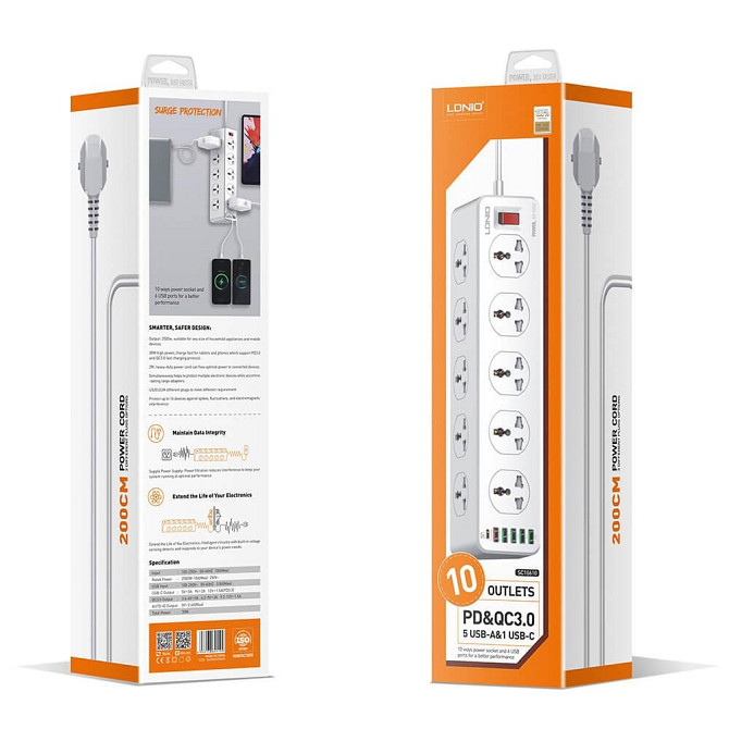 Мережевий подовжувач LDNIO 10 Розеток, 5 USB, 1 Type-C SC10610 (Білий, 2м) Миколаїв - фото 10