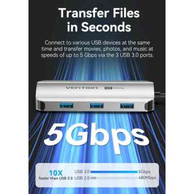 Концентратор Vention USB 3.1 Type-C to HDMI 4K60Hz/USB 3.0x3/PD 100W 5-in-1 (TQDHB) Вінниця