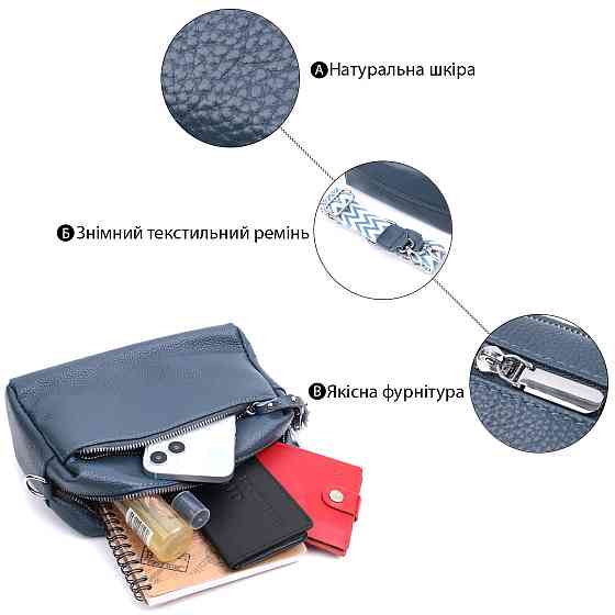 Женская кожаная сумка из стильным бегунком Vintage 22652 Синяя Киев