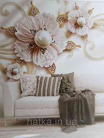 Шпалери вінілові на флізелін великі коричневі квіти білі з золотом 3д Київ