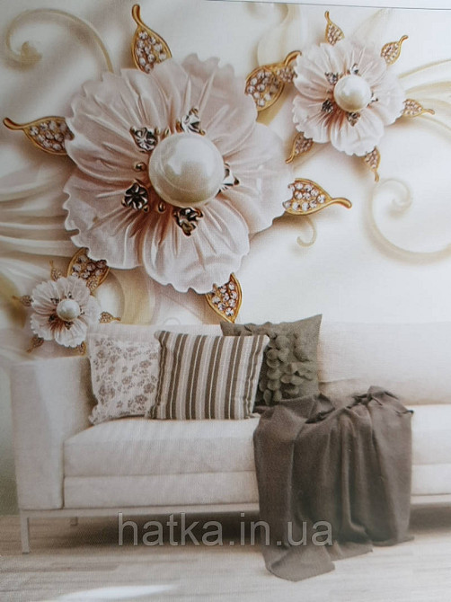 Фотообои виниловые на флизелине  крупные цветы коричневые белые с золотом 3д Киев - изображение 1