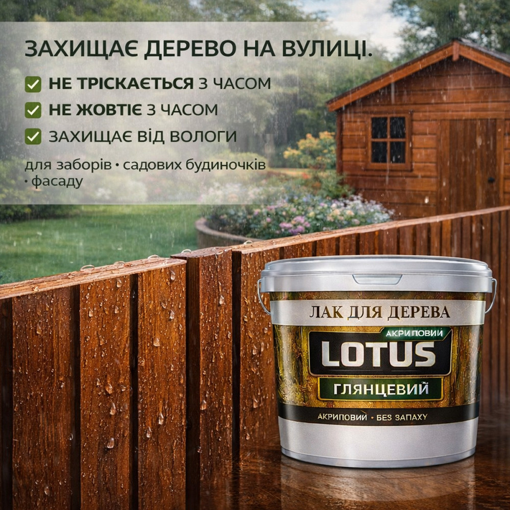 Лак для дерева LOTUS глянцевий акриловий без запаху універсальний для підлоги меблів та фасаду зносостійкий прозорий 1 л Харків - фото 7