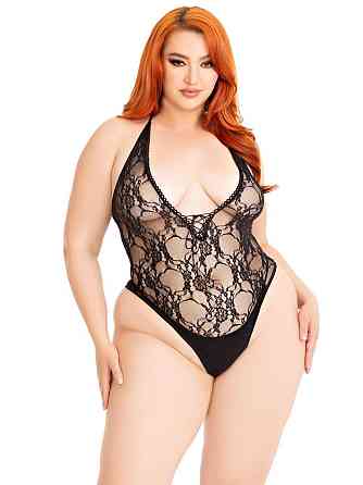 Тедді Leg Avenue Floral lace deep-V teddy, 1X/2X, чорне, мереживне, відкрита спина, високі трусики Sex Aura Київ