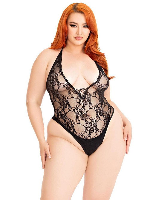 Тедді Leg Avenue Floral lace deep-V teddy, 1X/2X, чорне, мереживне, відкрита спина, високі трусики Sex Aura Київ - фото 1
