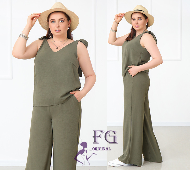 Літній жіночий костюм із широкими штанами "Ясмин" оптом | Норма та батал | Розпродаж моделі Хакі, 50 Київ - фото 2