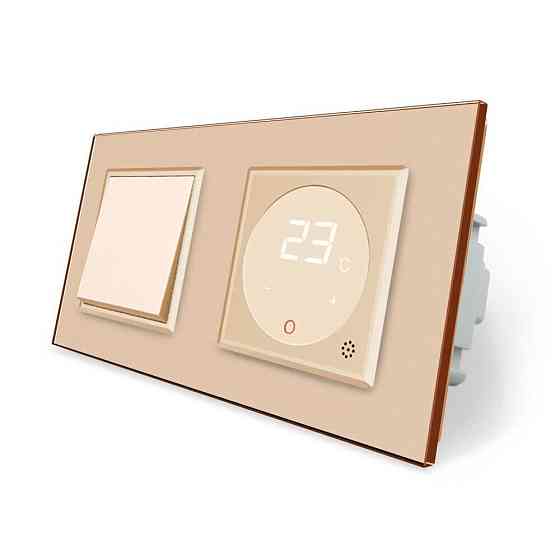 Комбінований вимикач та терморегулятор (термостат) програмований для електричної теплої підлоги LIVOLO, золотий скляний, в одній рамці (VL-C7FCMKSQ1-4 Коломия