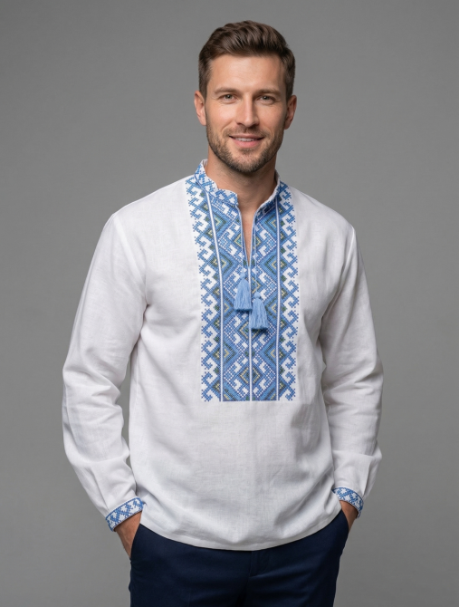Мужская вышиванка из домотканого полотна голубой орнамент 50 Киев - изображение 3