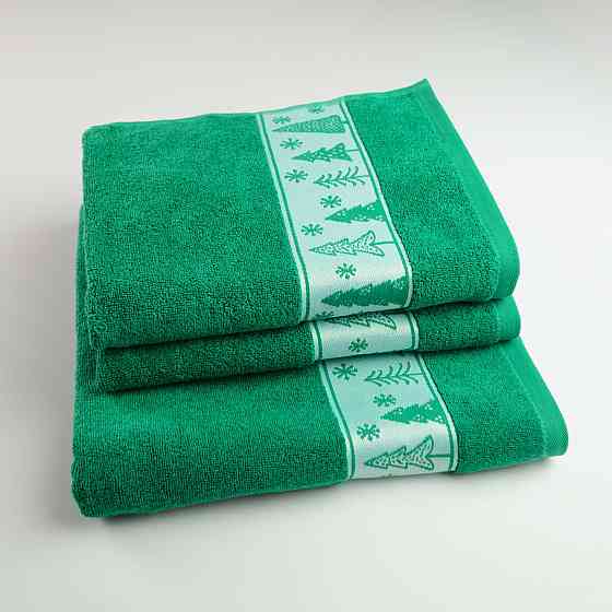 Комплект махровых полотенец Новогодние Merry Christmas Елки 3шт GM Textile 50х90см, 50х90см, 70х140см 500г/м2 (Зеленый) Сумы