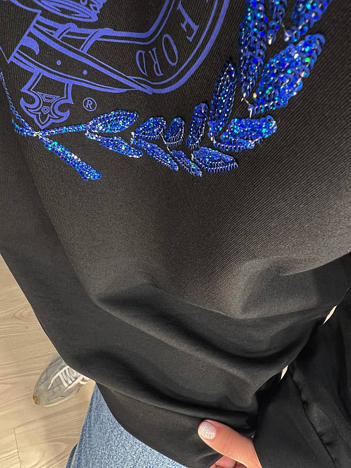 Свитшот женский LSK 6011 удлиненный оверсайз туника с вышивкой Oxford, черный, one size Киев - изображение 13