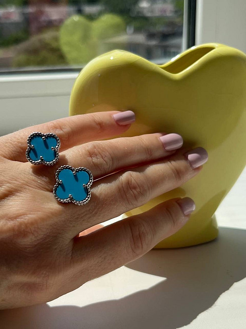 Van Cleef  кольцо в посеребрении / кольцо клевер голубое летнее Одесса - изображение 1