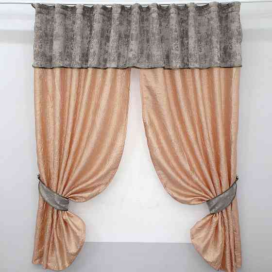 Кухонні штори VR-Textil № 073к з ламбрекеном і підхватами персиковий з кавово-сірим 260х170 см (52-0163) Київ