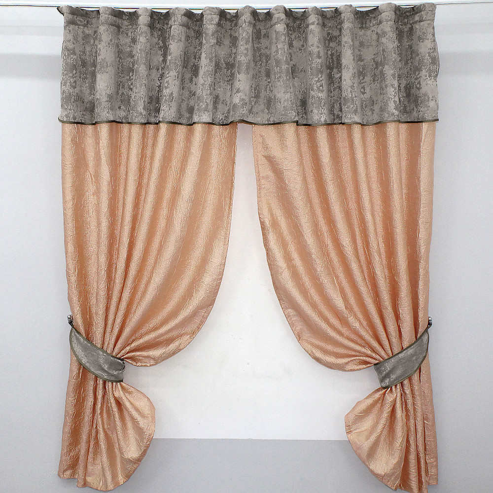 Кухонные шторы VR-Textil № 073к с ламбрекеном и подхватами персиковый с кофейно-серым 260х170 см (52-0163) Киев - изображение 1
