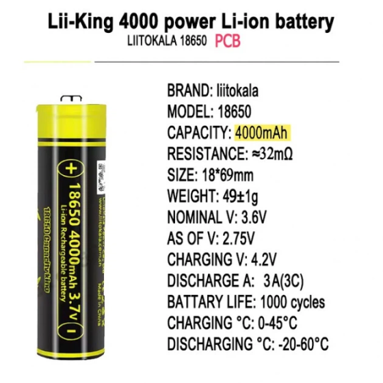 Акумулятор 18650 LiitoKala 4000mAh 3.7V Li-ion KING із захистом Вінниця