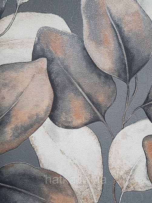 Обои виниловые на флизелиновой основе Rasch Incanto 1.06х10 листья крупные черные серые терракотовые Киев - изображение 2