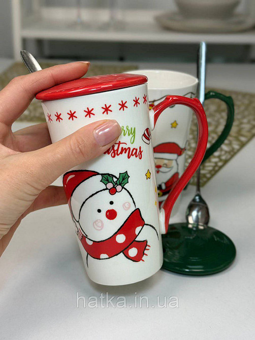 Кухоль з кришкою та ложкою керамічний новорічний Olens "Біг-Сніговик" 380 мл 102-1088с Київ - фото 1
