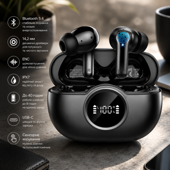 Беспроводные наушники Rinsmola TWS Bluetooth 5.4, 14,2 мм, ENC, IPX7, 40 часов, USB-C, сенсорное управление, Black Киев