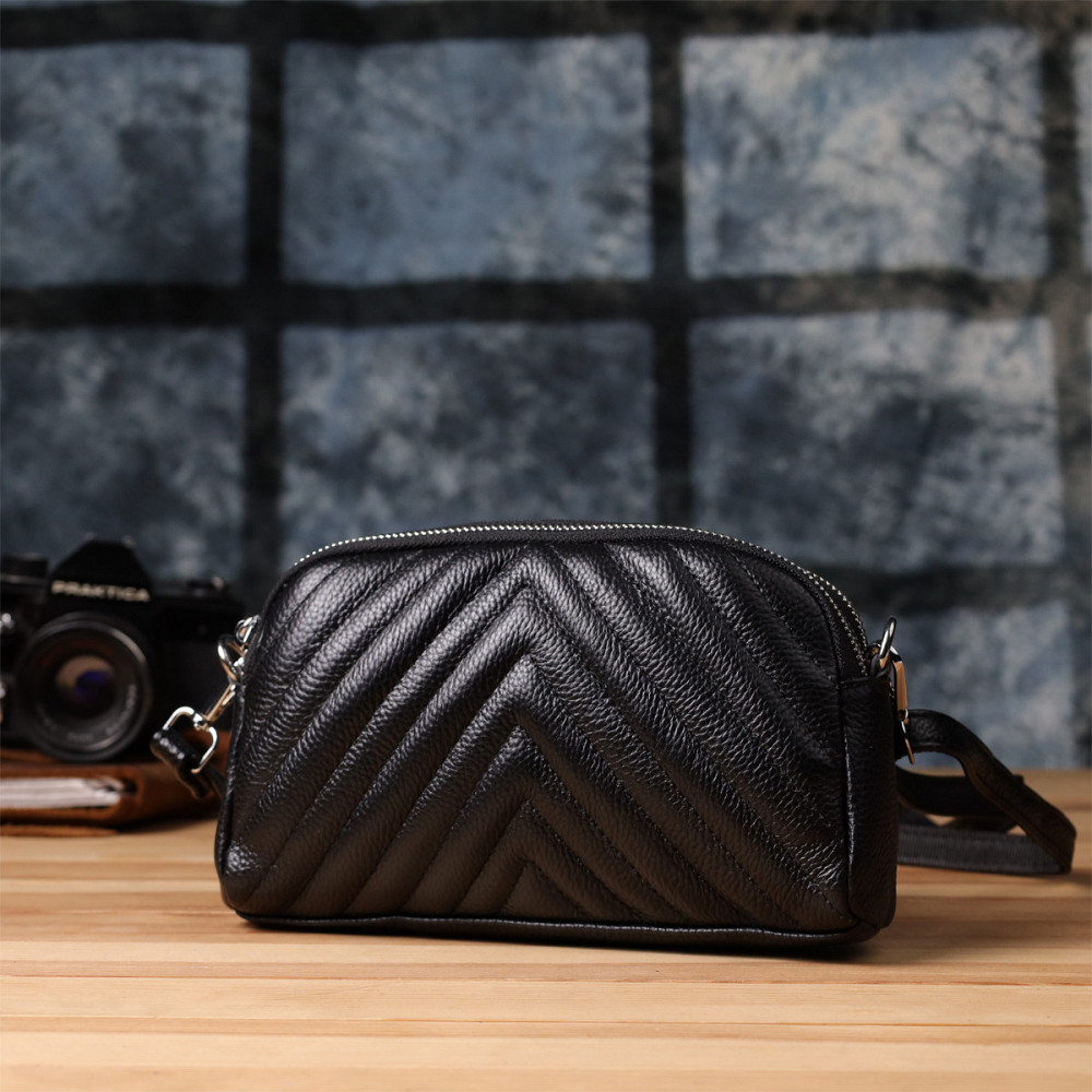 Стильна сумка прошита трикутниками із натуральної шкіри Vintage 22909 Чорний Київ - фото 9