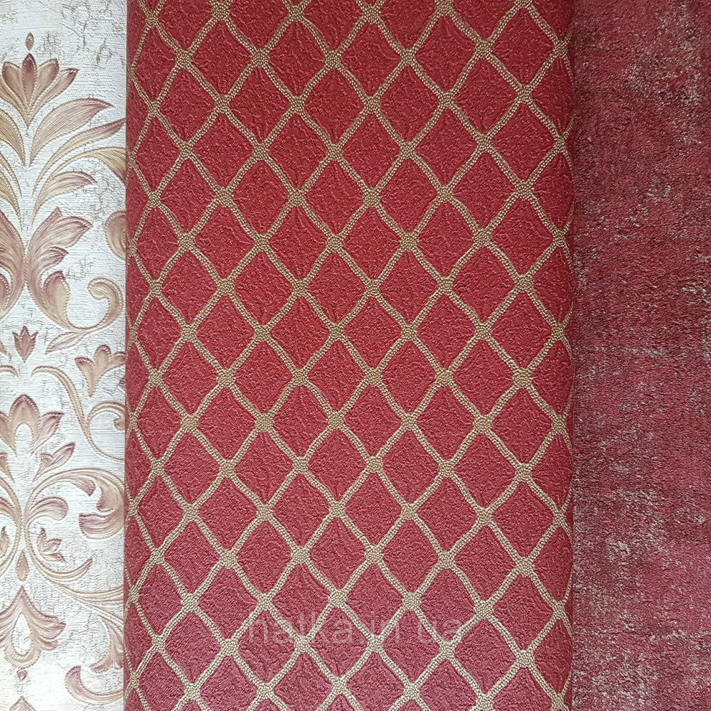 Шпалери метрові вініл на флізелін Decowall Retro смужки фігури сіткою структурні золотисті на бордовому Київ - фото 2