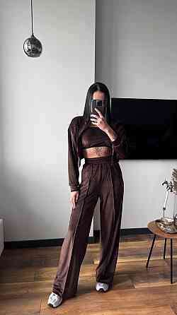 Женский плюшевый костюм тройка: кофта топ и штаны велюр Шоколадный, 44/46 Одесса