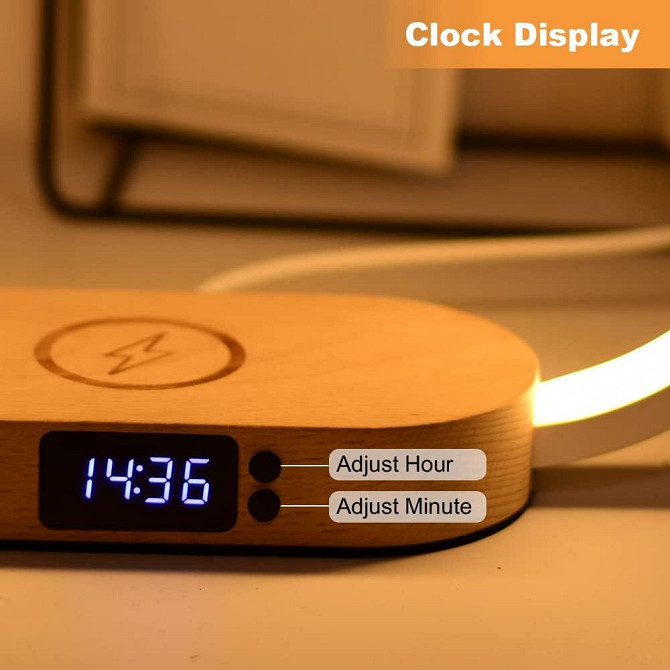 Настольная лампа Wanjiaone с часами, LED, диммером, 10W беспроводная зарядка, USB, бело-деревянная Киев - изображение 4