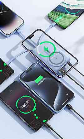 Повербанк беспроводной 10000 mAh с магнитной зарядкой 15W, быстрой зарядкой 22.5W, встроенными кабелями и подставкой Black Каменец-Подольский