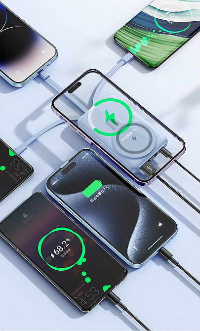 Повербанк беспроводной 10000 mAh с магнитной зарядкой 15W, быстрой зарядкой 22.5W, встроенными кабелями и подставкой Black Каменец-Подольский - изображение 6