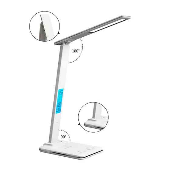 Настільна LED лампа з бездротовою зарядкою і будильником, біла Київ