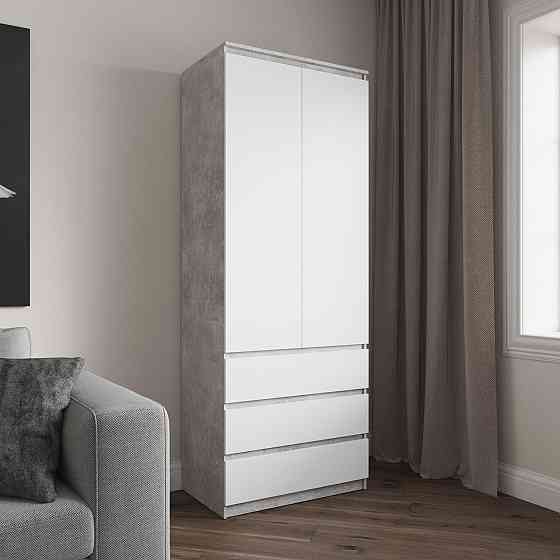 Шафа для одягу VAYS R-16 Бетон-Білий фасад, 3 шухляди, полиці, без ручок, ЛДСП, 80×50×211 см – для спальні, вітальні, передпокою Львів