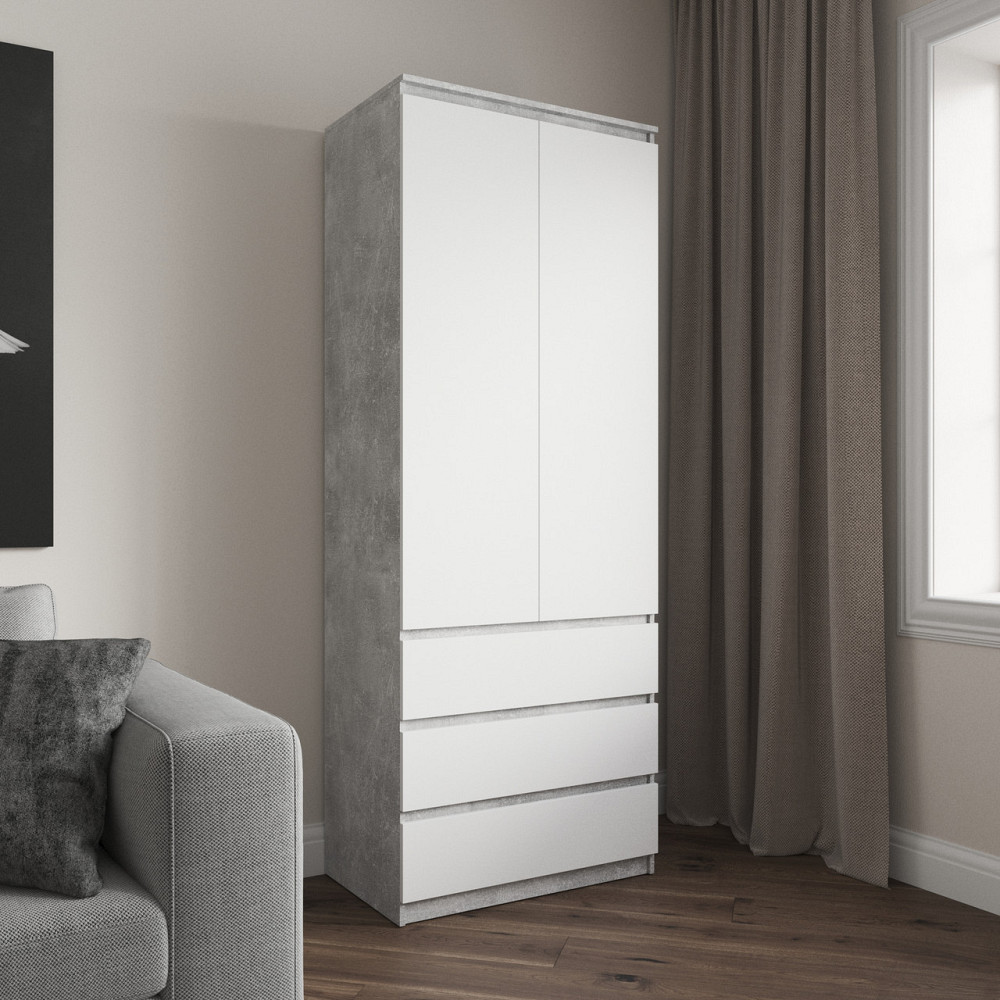 Шафа для одягу VAYS R-16 Бетон-Білий фасад, 3 шухляди, полиці, без ручок, ЛДСП, 80×50×211 см – для спальні, вітальні, передпокою Львів - фото 1