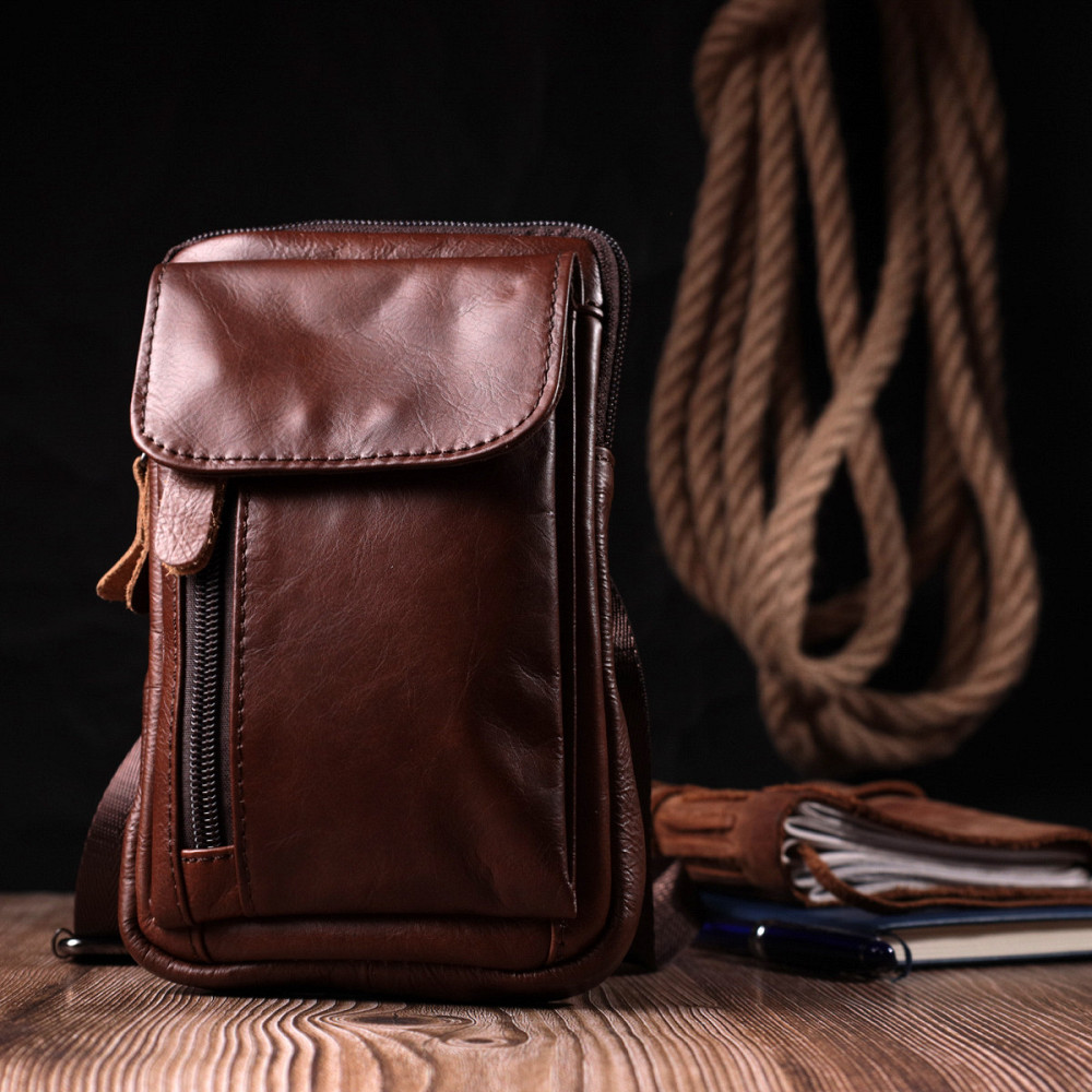 Відмінна чоловіча сумка на пояс із натуральної шкіри Коричневий (Vintage) Київ - фото 2