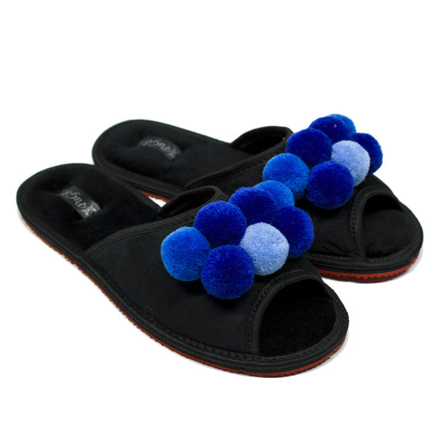 Тапки жіночі домашні відкриті на підошві "Синій помпон" чорний Одеса - фото 10