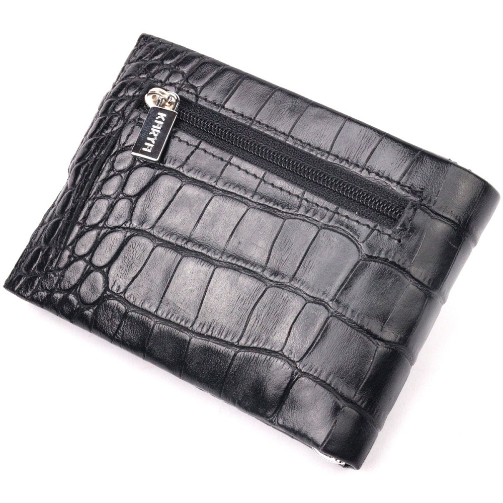 Чудовий чоловічий затиск із натуральної лакованої фактурної шкіри під крокодила KARYA 21043 Чорний Київ - фото 2