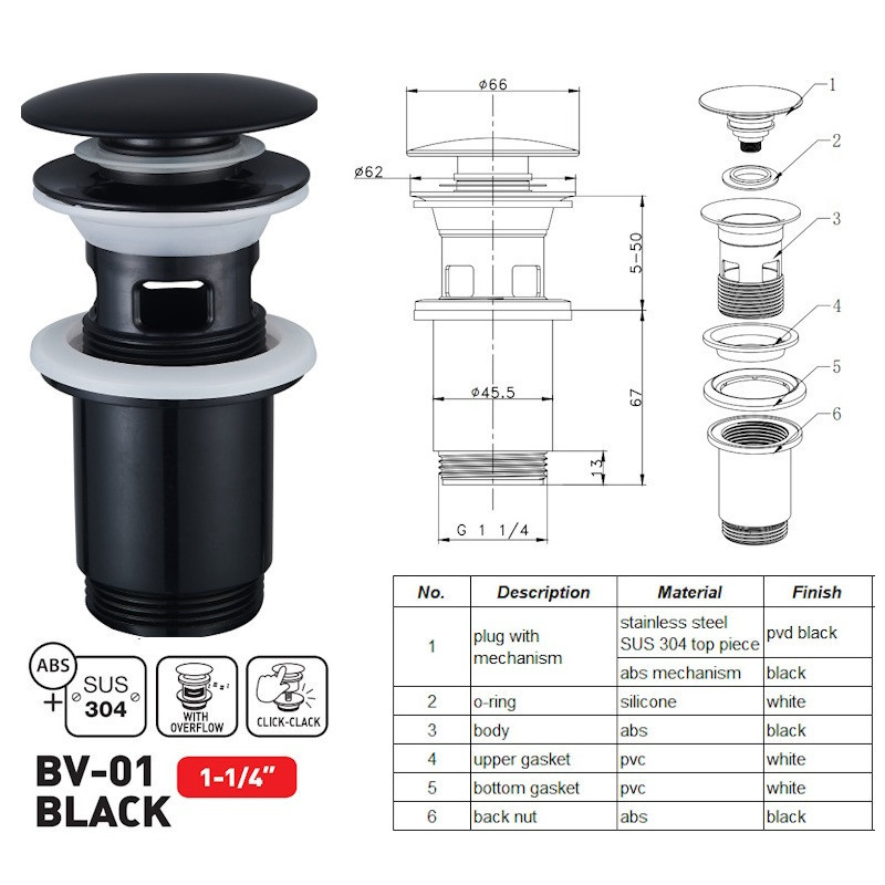 Донний клапан для раковини Zerix BV-01 BLACK 1 1/4'' з переливом автоматичний СLICK-СLACK (Колір чо ( 13146 ) Харків - фото 5