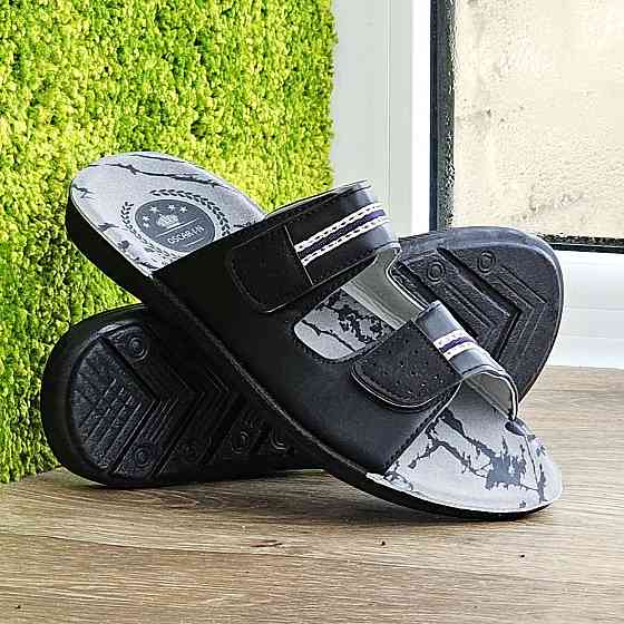 Мужские Шлёпанцы Тапочки Сланцы Чёрные Кожаные на Липучке (размеры: 41,42,43,44,45) Днепр