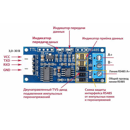 Преобразователь интерфейса TTL RS485 XY 485 UART модуль 3.3-30В полудуплекс скорость до 256000 бит с клеммник 52x23 мм Киев - изображение 5