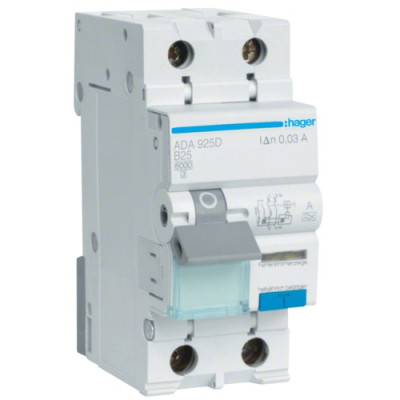Дифференциальный автоматический выключатель Hager 1-п.+N 25A B 30mA (6kA) A (B) (ADA925D) Винница - изображение 1