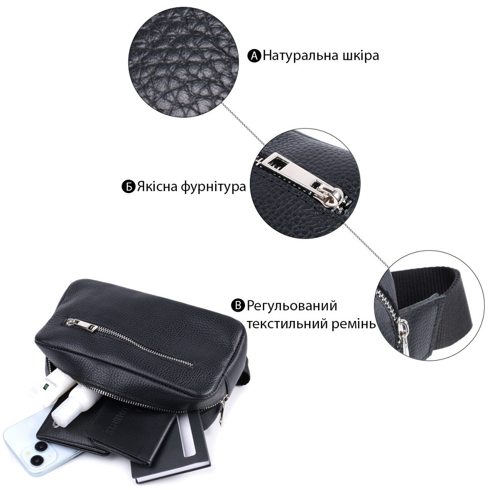 Чоловіча сумка-бананка з натуральної шкіри флотар Чорна (SHVIGEL) Київ - фото 8