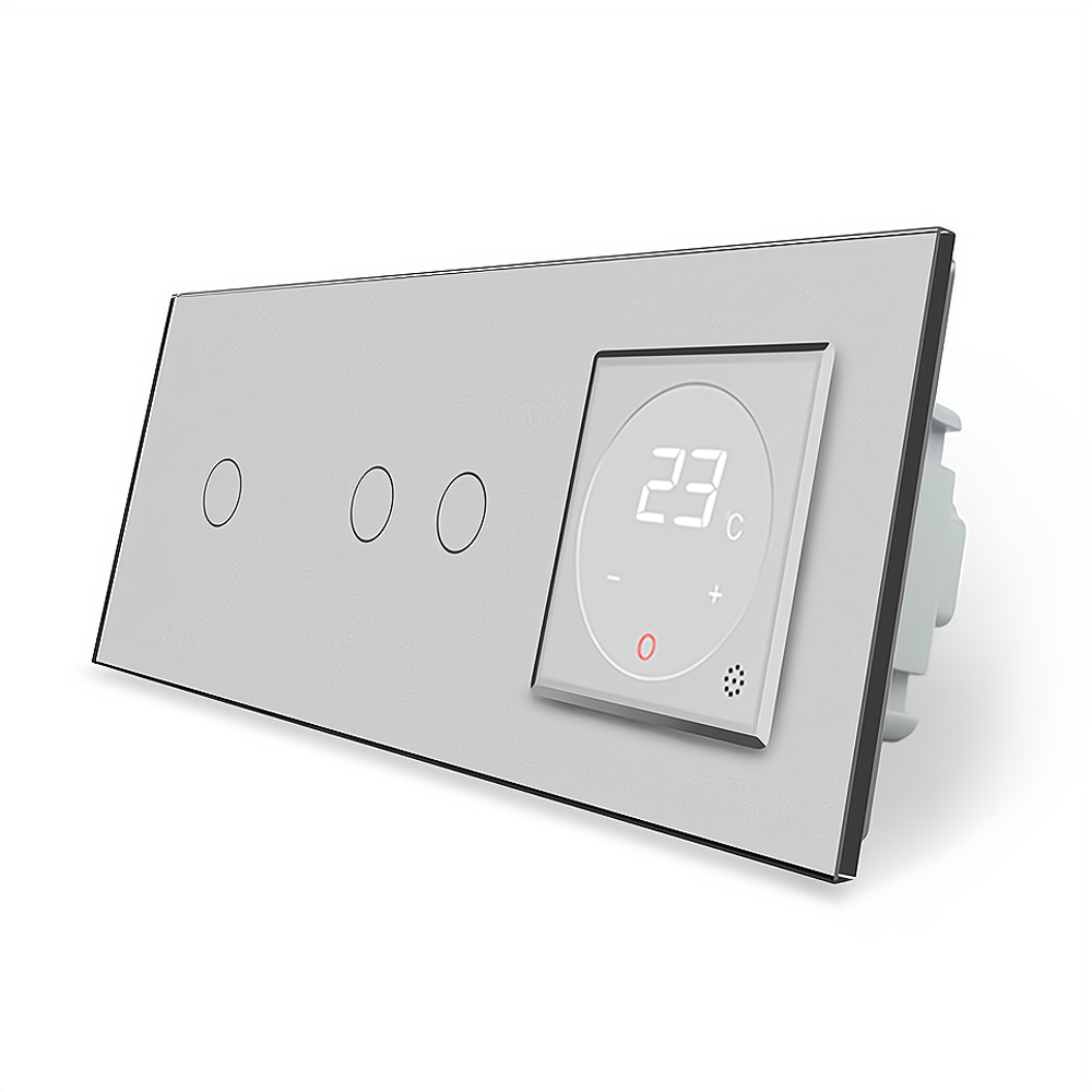 Комбінований терморегулятор (термостат) програмований для електричної теплої підлоги та 3-сенсорний вимикач (1-2) LIVOLO, сірий скляний, в одній рамці Коломия - фото 1