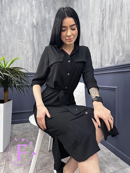 Длинное платье-рубашка с поясом Marcella 42-44, Черный Киев - изображение 2