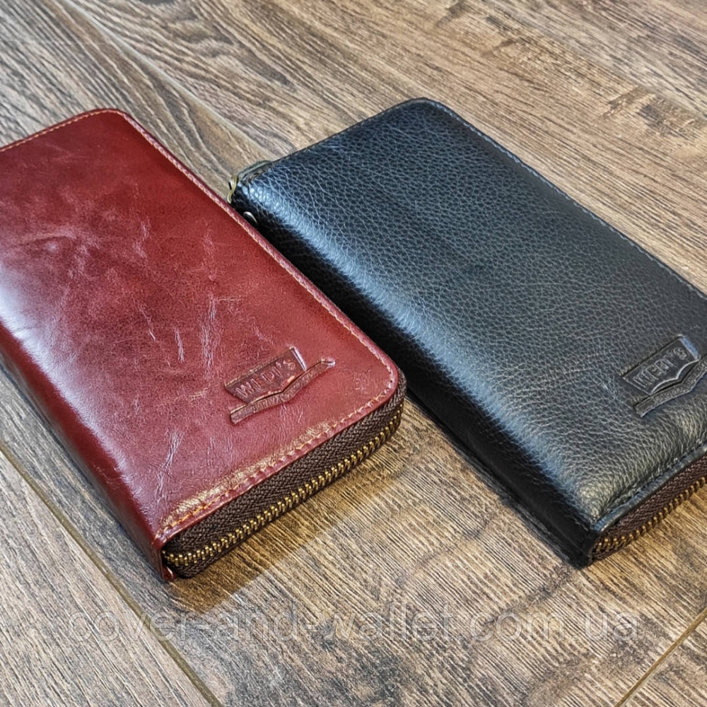 Недорогий чоловічий гаманець на блискавці з натуральної шкіри чорного кольору Wedis Київ - фото 5