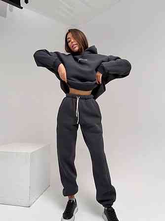 Жіночий стильний спортивний костюм-двійка: худі + штани, тринитка Пен'є на флісі турція Графіт, 42/44 Одеса