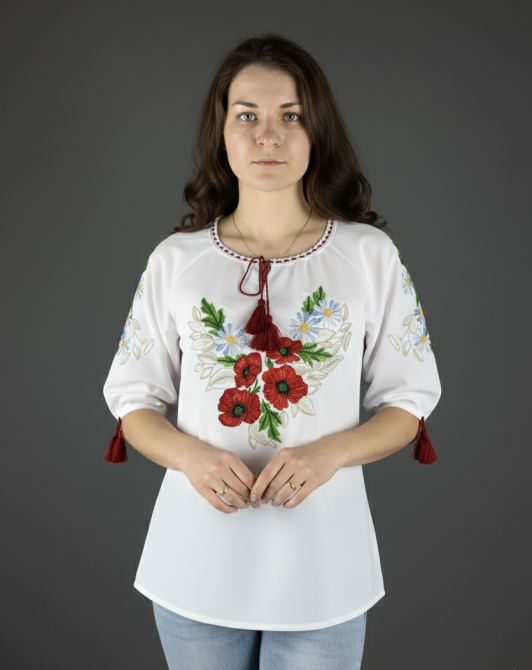 Жіноча вишиванка біла з квітковим оригінальним орнаментом «Мак ромашка» 52 Київ - фото 1